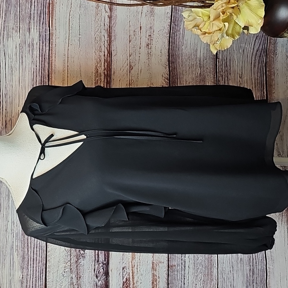 1. STATE BLACK LINED CHIFFON LONG SHEER SLEEVE TIE FRONT PULLOVER BLOUSE